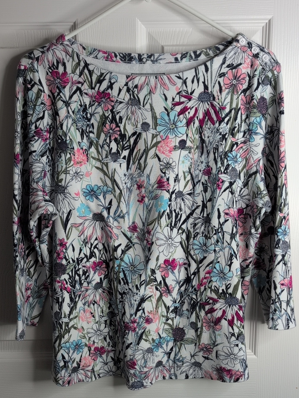 Charter Club 100% Pima Cotton Floral Scoop-Neck Long Sleeve Top  Size L